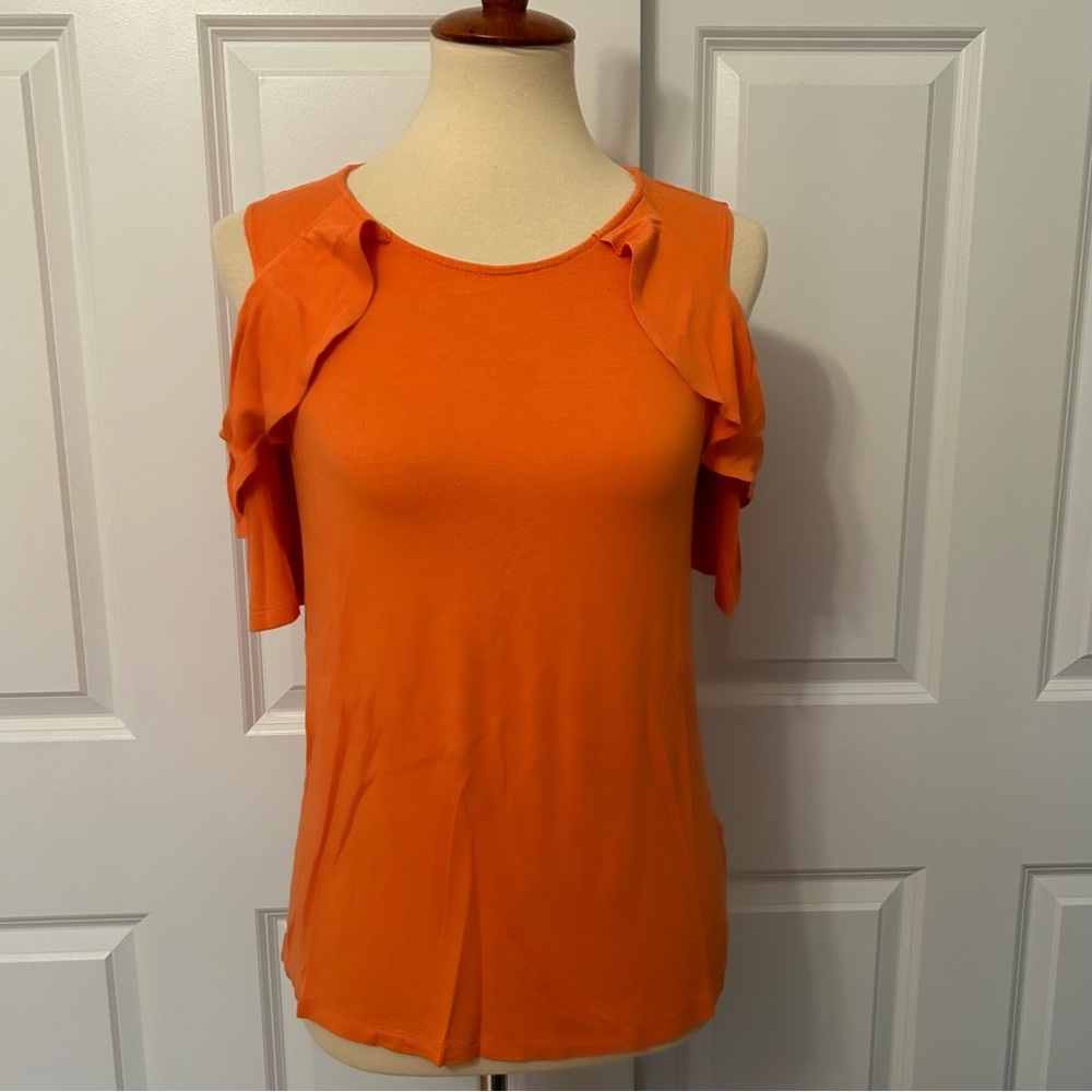 Ellen Tracy Mango Cold Shoulder Ruffle Tee